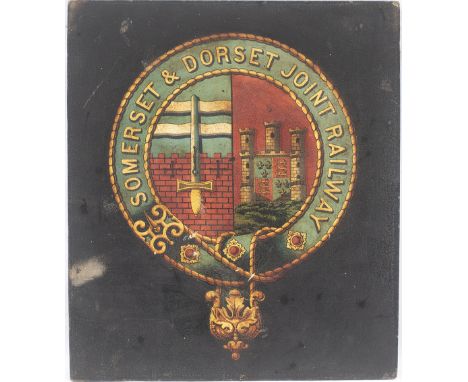 Somerset &amp; Dorset Joint Railway Carriage Panel with full title and Coat of Arms. Hard wood as cut from the side of a carr