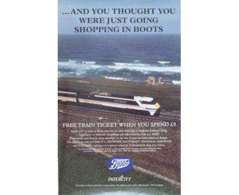 Poster BRB INTER CITY FREE TRAIN TICKET WHEN YOU SPEND £5 AT BOOTS with image of Class 91 Electric. Double Royal 25in x 40in.