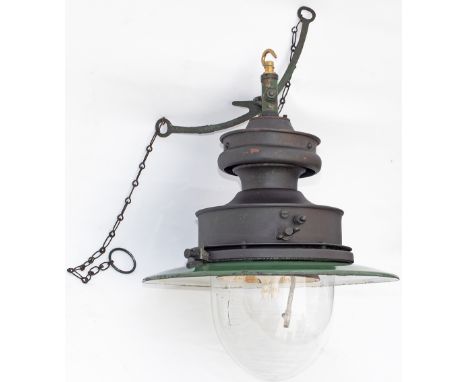 Southern Railway medium size Sugg platform gas lamp complete with chains and glass globe and enamel shade. In very good condi