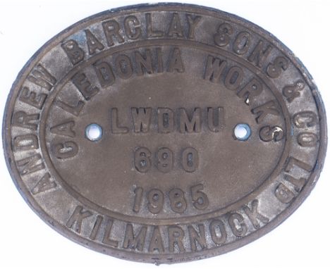 Worksplate Andrew Barclay &amp; Sons Co Ltd., numbered LWDMU 690 dated 1985. Ex 4-wheeled DH 230Hp Pacer Class 143, 2-car set