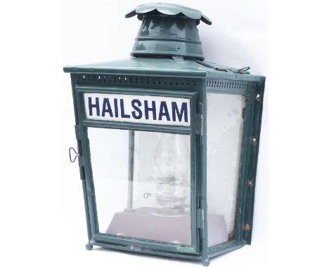 London Brighton &amp; South Coast Railway Platform Oil Lamp with painted lamp glass HAILSHAM and original copper reservoir st
