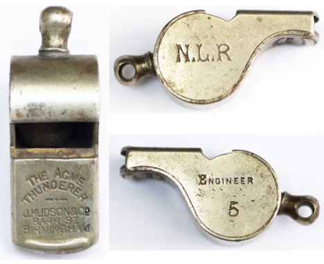 North London Railway nickel plated brass whistle stamped on the sides N.L.R and Engineer 5 stamped on the lip The Acme Thunde