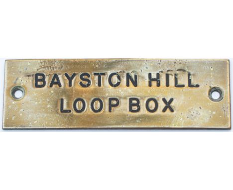 GWR machine engraved brass Shelf Plate BAYSTON HILL LOOP BOX. In ex box condition measures 4.75in x 1.5in. From Severn Bridge