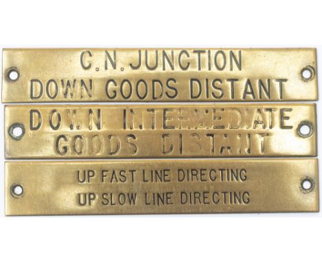 Midland Railway hand engraved brass shelf plates x 3  DOWN INTERMEDIATE GOODS DISTANT, UP FAST LINE DIRECTING UP SLOW LINE DI