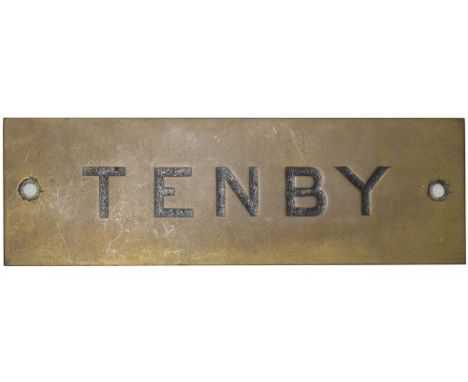 GWR hand engraved brass shelf plate TENBY. In good condition with original black wax infill. Measures 4.75in x 1.5in.