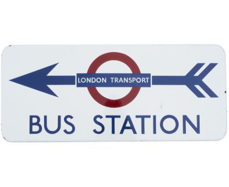 London Transport FF enamel direction sign LONDON TRANSPORT BUS STATION with left facing arrow. In excellent condition with a 