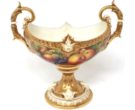 Royal Worcester twin handled bowl, hand painted with Autumnal fruits and leaves, signed H.H Price, 20 x 11 x 19 cm H, no crac