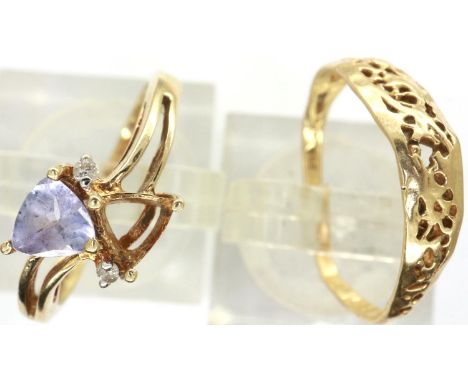 9ct gold ring set with diamonds and amethyst, one stone missing, size N/O, together with a 14KP gold ring, misshapen, combine