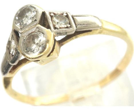 Early 20th century 18ct gold ring, with two platinum set diamonds and diamond set shoulders, size M/N, 2.0g. P&amp;P Group 1 