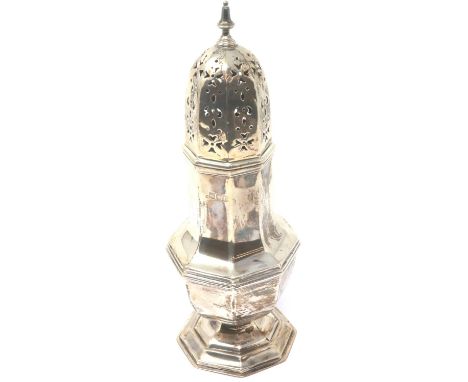 Large hallmarked silver castor, London assay, H: 24 cm, 254g. P&amp;P Group 1 (£14+VAT for the first lot and £1+VAT for subse