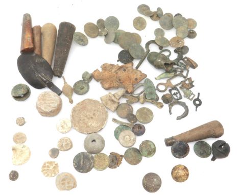 Collection of metal detecting finds, Georgian military buttons, lead working tools/weights/tallies and five wooden Industrial