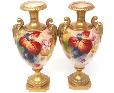 Pair of Royal Worcester vases, hand painted with Autumn leaves and fruit, signed K Blake, H: 17 cm, no cracks or chips, good 