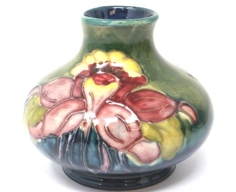 Moorcroft squat vase in the Iris pattern, H: 90 mm, crazing throughout, small chip to inside of neck. P&amp;P Group 1 (£14+VA