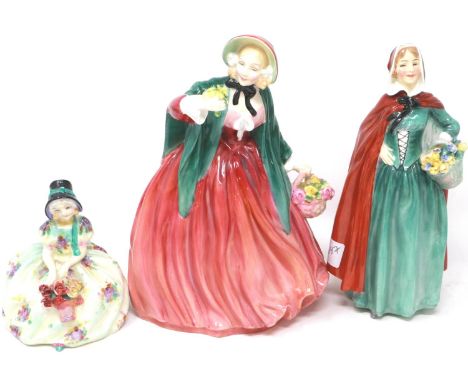 Three Royal Doulton ladies including Monica HN 1458 issues 1931-1949, largest H: 21 cm, chip to one head and flowers, and chi