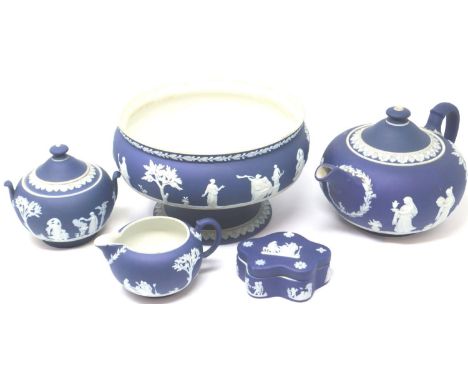 Five pieces of Wedgwood Royal blue jasperware, teapot, cream and sugar, tureen and a pin dish, largest H: 14 cm, small chip t