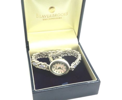 GEMS: 925 silver quartz ladies wristwatch on a stone set 925 silver bracelet, boxed with extra link, working at lotting. P&am