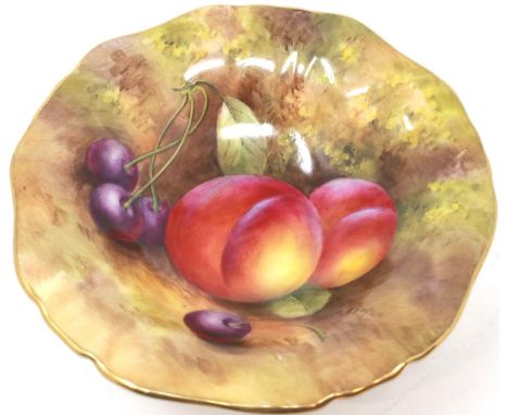 Royal Worcester footed bowl decorated with Autumnal fruits, signed by H. Aynton, D: 14 cm, no cracks or chips. P&amp;P Group 