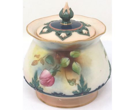Royal Worcester covered pot with reticulated design to cover, H: 13 cm, crack to inside of cover, wear to gilt. P&amp;P Group