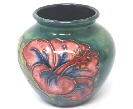 Moorcroft bulbous vase in the Hibiscus pattern, H: 90 mm, crazing throughout, no cracks or chips. P&amp;P Group 1 (£14+VAT fo