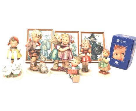 Six Hummel figurine and three plaques, largest H: 13 cm, damage to one plaque and loss to one figure. P&amp;P Group 2 (£18+VA