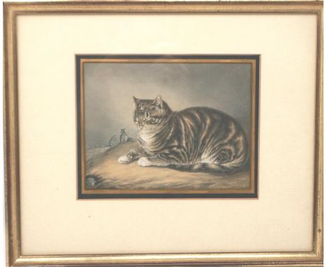 George Baxter mid 19th century colour lithograph, Puss Napping, 13 x 10 cm. P&amp;P Group 2 (£18+VAT for the first lot and £3
