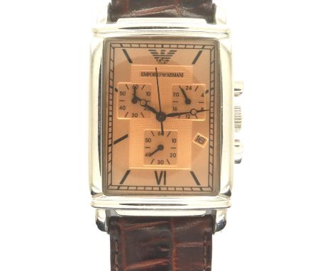 EMPORIO ARMANI: gents wristwatch with subsidiary dials and date aperture, on leather strap, requires battery. P&amp;P Group 1