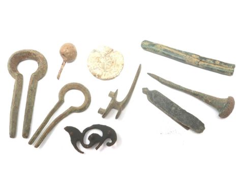 Collection of mixed metal detecting finds to include a Medieval Jewish Harp, lead working seal and a Victorian iron brooch ta