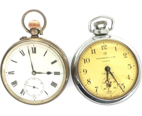 Continental silver gents pocket watch, dial D: 45 mm, and a chrome example, one working at lotting. P&amp;P Group 1 (£14+VAT 