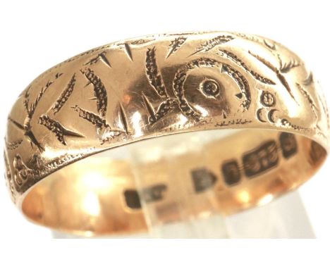 9ct gold band ring with engraved decoration throughout, Chester assay, size O, 3.0g. P&amp;P Group 1 (£14+VAT for the first l