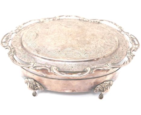 Hallmarked silver four footed trinket dish with velvet lining, L: 14 cm, Birmingham assay. P&amp;P Group 1 (£14+VAT for the f