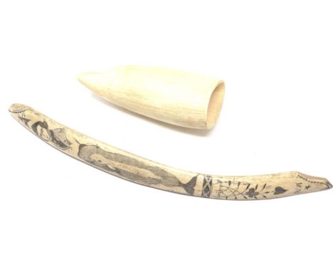19th century scrimshaw decorated whalebone, dated 1870, L: 33 cm, with an undecorated sperm whale tooth. P&amp;P Group 1 (£14