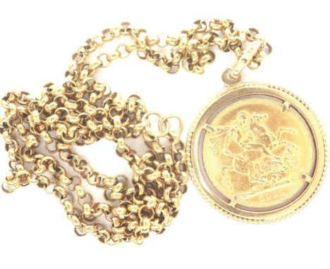 1911 sovereign in a 9ct gold mount on a 9ct gold chain, chain L: 63 cm, combined 23.3g. P&amp;P Group 1 (£14+VAT for the firs