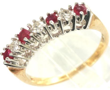 9ct gold ruby and diamond half eternity ring in a white gold claw setting, size N/O, 2.4g. P&amp;P Group 1 (£14+VAT for the f