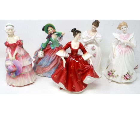 Five Royal Doulton ladies including Gillian HN 3742 and Summer Rose HN 3309 by Peggy Davies, largest H: 21 cm, one head resto