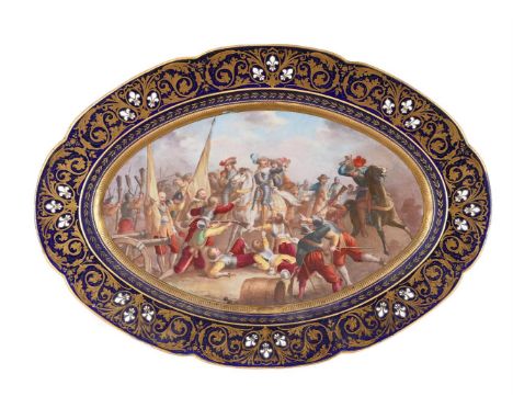 A SEVRES STYLE OVAL PORCELAIN DISH  LATE 19TH CENTURY Painted with a depiction of the Battle of Rocroi (1643), a French victo