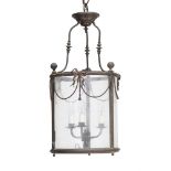 A PATINATED METAL HALL LANTERN
