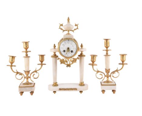 A FRENCH GILT METAL AND WHITE MARBLE CLOCK GARNITURE  LATE 20TH CENTURY With eight-day bell striking movement with outside co