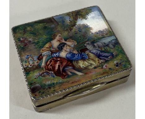 A silver and enamel compact depicting women and sheep. Import marked. Approx. 68 grams. Est. £500 - £800