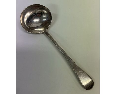 A George III silver sauce ladle with feather edge. London 1833. By William Eley, William Fearn &amp; William Chawner.  Approx