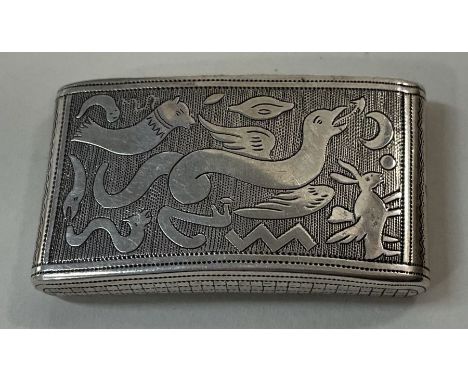 A rare George III silver hinged snuff box engraved with sea creatures. Birmingham 1807. By Wardell &amp; Kempson. Approx. 29 