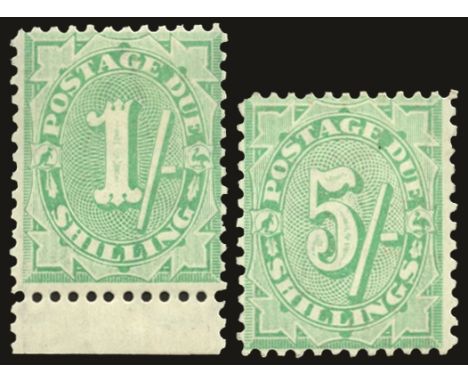 Postage Dues: 1908-09 perf 11½x11, 1s and 5s dull green (SG 58/59), the 1s lower marginal with very light overall gum toning,