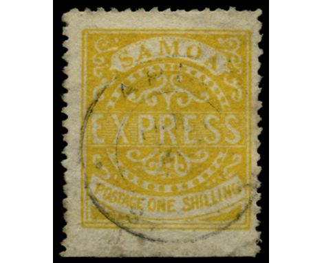 1877-80 2nd state, 1s dull yellow (SG 7), lower marginal used by light Apia cds, odd shortish perf, scarce, RPS cert (2011), 