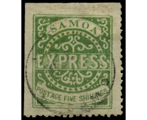 1877-80 3rd state, perf 12½ 5s green (SG 14), upper left corner marginal fine used by light Apia cds,, well above average for