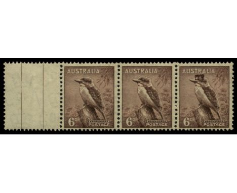 1937-49 Perf 15x14 6d red-brown horizontal strip of three, stamp three variety 'Top Hat flaw' (SG 190ab), with central margin