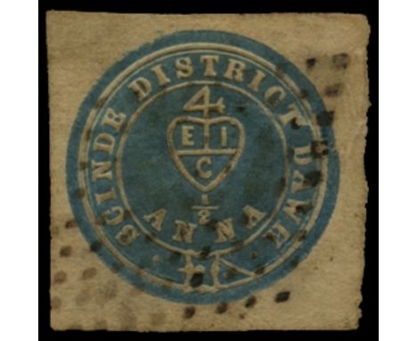 1852 "Scinde Dawk" ½a blue (SG S2), cut square with four large margins, but defective with 8mm tear and embossing splits, als