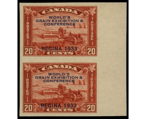 1933 World's Grain Exhibition and Conference, Regina, 20c red imperforate right marginal vertical pair (SG 330 var), fine u/m