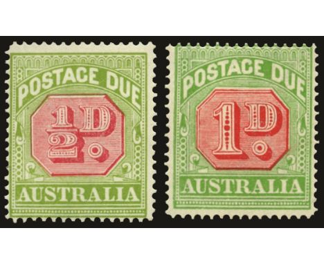 Postage Dues: 1913-23 perf 14, ½d and 1d rosine and bright apple-green (SG D79/80), both fine u/m, RPS certs (2005 and 2008 r