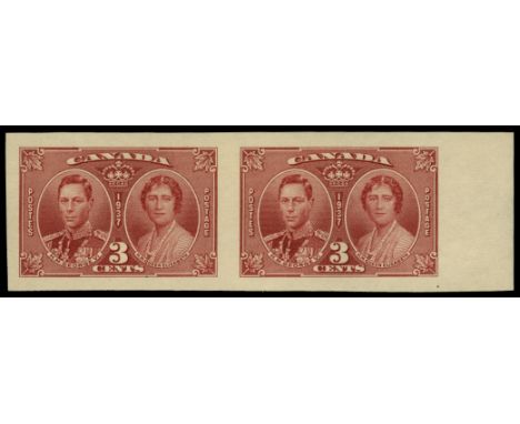 1937 Coronation 3c carmine, right marginal imperforate horizontal pair (SG 356 var), very fine u/m and very scarce as only 75
