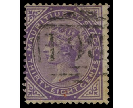 Mauritius used in: 1879-80 38c bright violet used by light, large part 'B64' (SG Z52), centred upper left, trace of sealing w