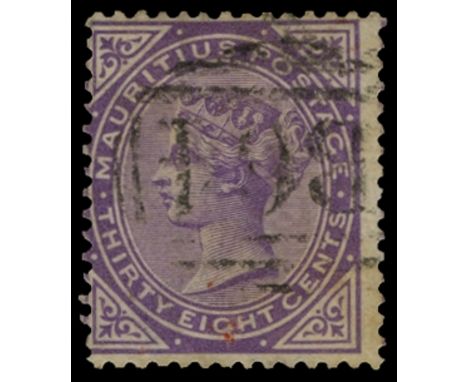 Mauritius used in: 1879-80 38c bright violet used by light, large part 'B64' (SG Z52), centred upper left, trace of sealing w